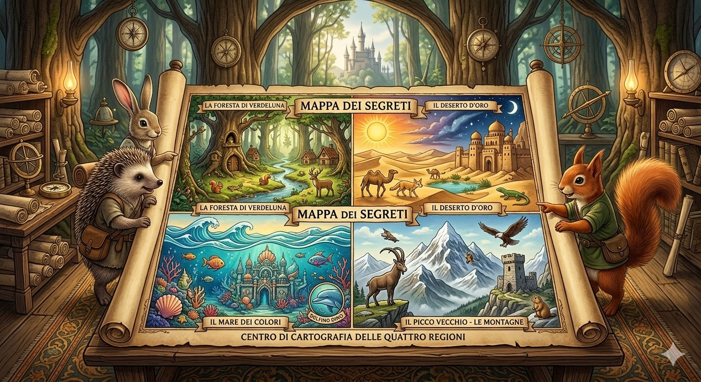 Disegno che mostra foresta, deserto, mare e montagna