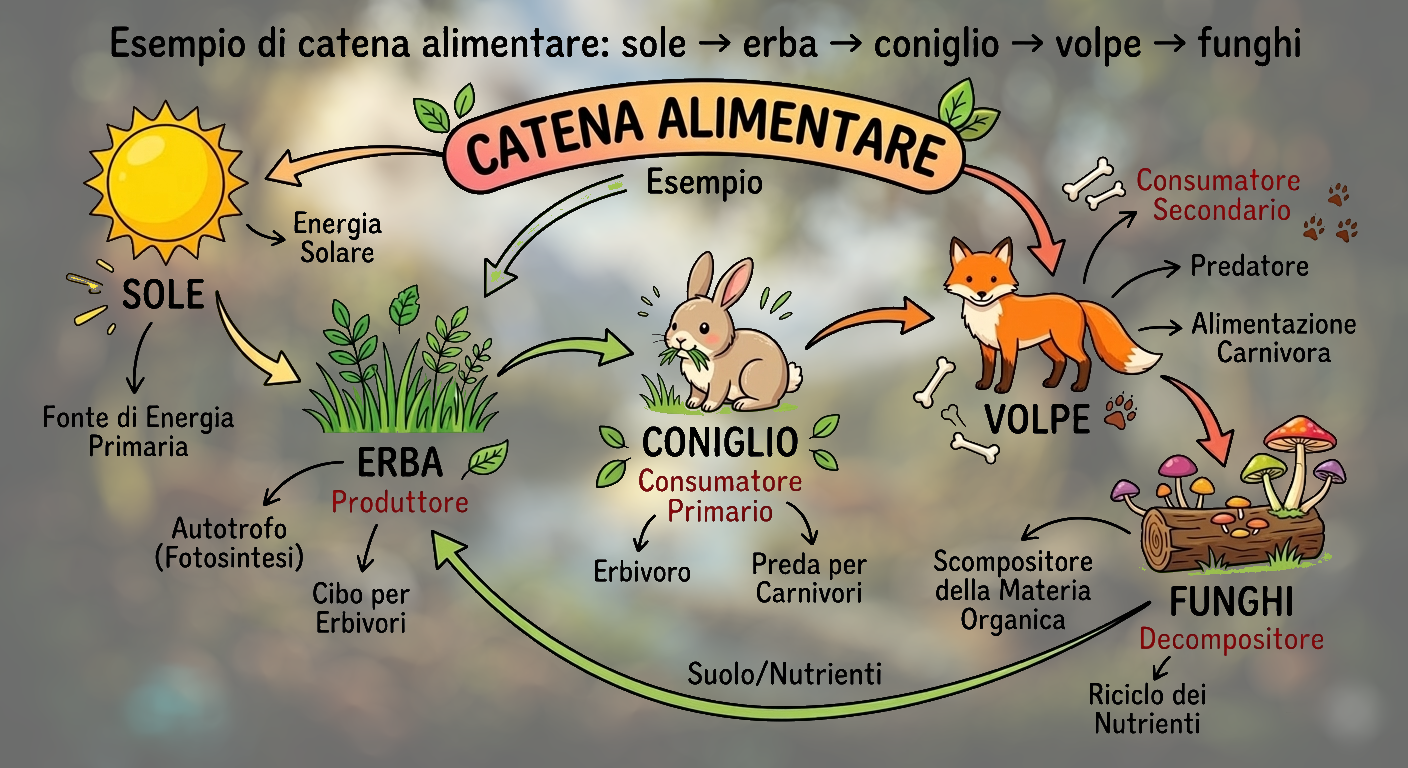 Esempio di catena alimentare: sole → erba → coniglio → volpe → funghi