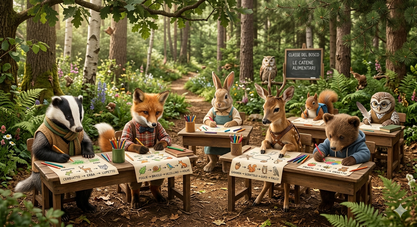 Bambino che disegna una catena alimentare