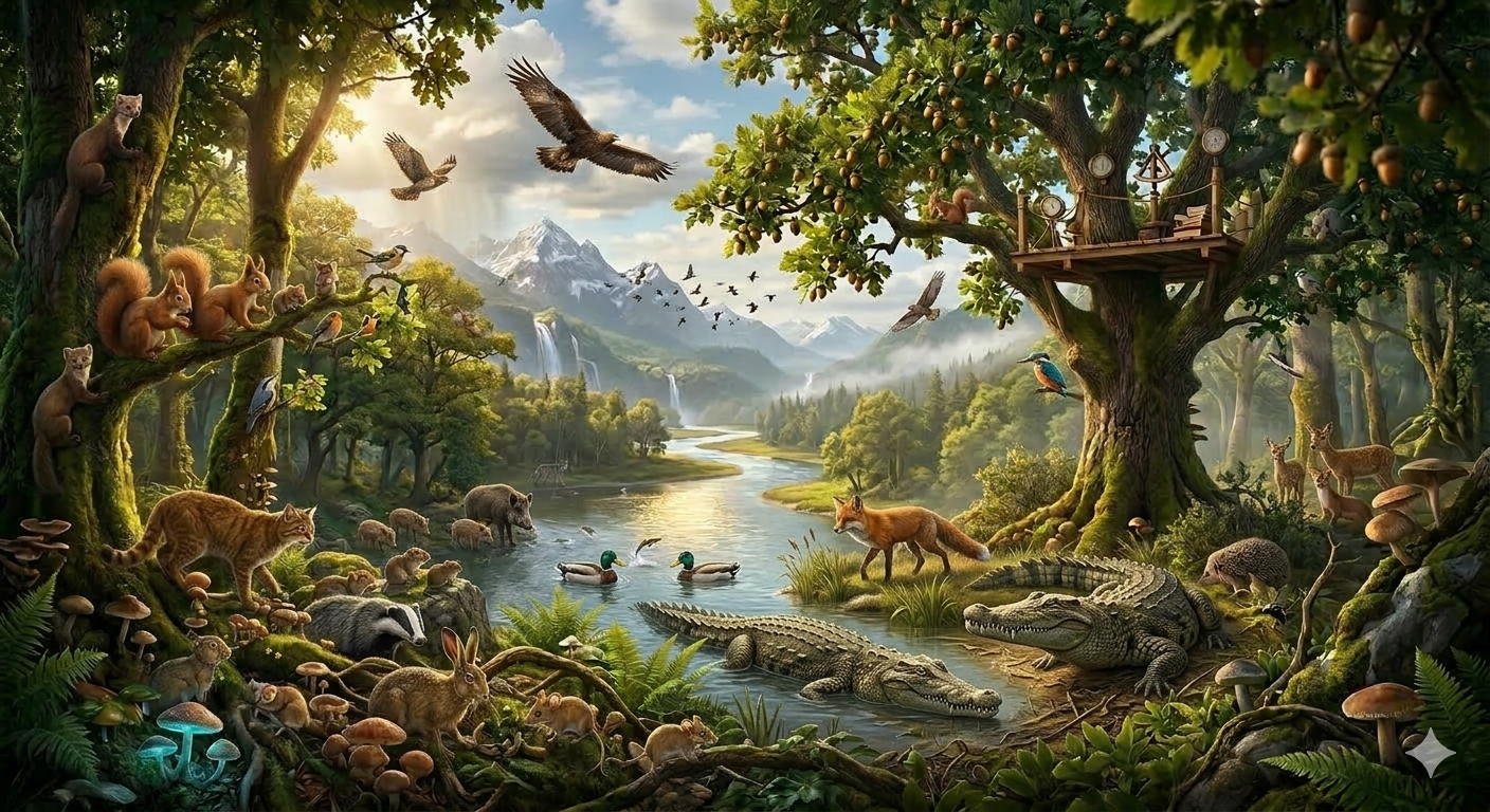 Un prato con animali, piante, sole, acqua e terra