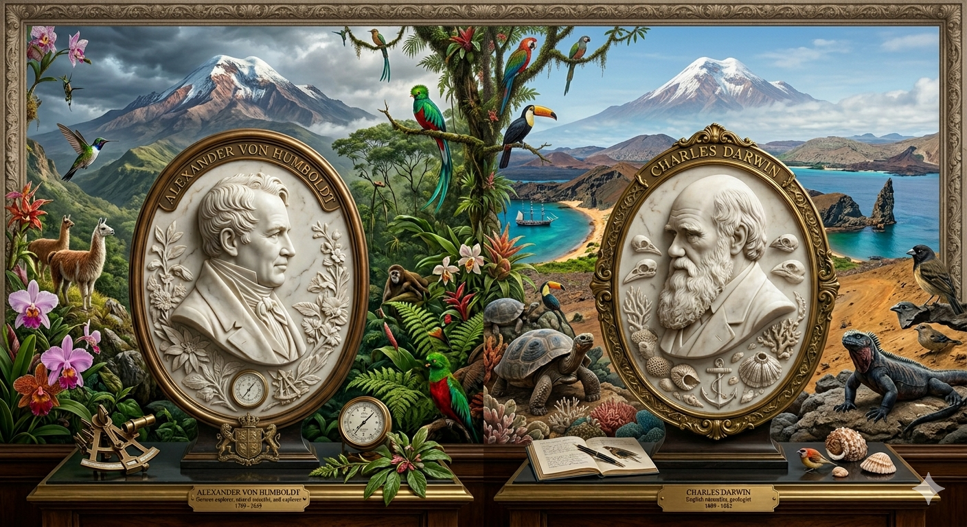 Ritratto di Darwin, Humboldt, Goodall e Carson